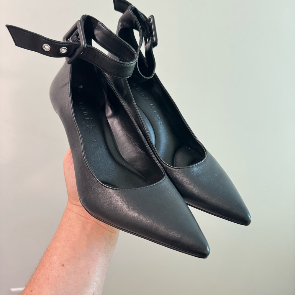 Black Pointed Ankle-Strap Women's Pumps